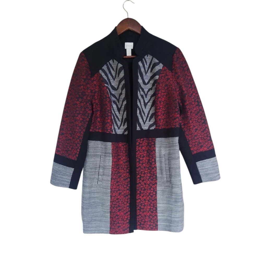 Chicos Jacquard Open Front Blazer/Jacket With Pockets Midi